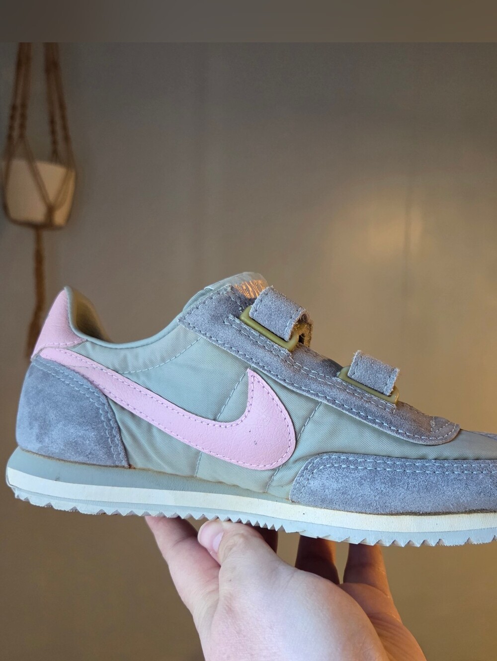 Vintage Nike 80s Gray Lady West Wind Pink Hook & Loop Suede Textile Sneakers